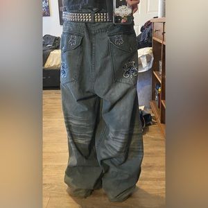 baggy wide leg jeans, grey-ish blue color with very nice fade,